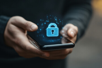 Hands holding mobile phone with lock icon