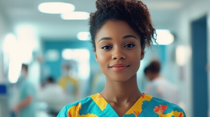 This vibrant portrait features a young Black woman in a colorful nursing uniform. She embodies professionalism and a positive attitude in a healthcare setting, radiating confidence and warmth.