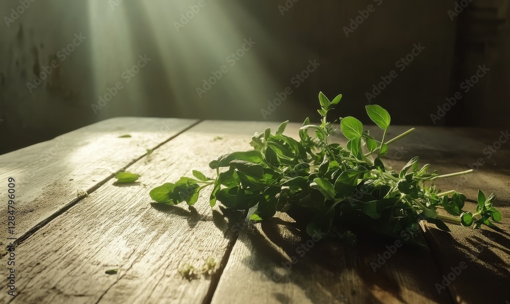 Poster freshly picked herbs resting on a rustic wooden table illuminated by diffused natural light, evoking