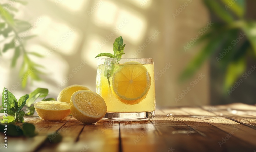 Poster freshly squeezed lemon juice in a glass with slices of lemon and mint, placed on a rustic wooden tab