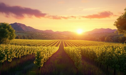Fototapeta premium Idyllic sunset view over a picturesque vineyard, with rows of grapevines stretching into the horizon, illuminated by golden hour light, peaceful and majestic,