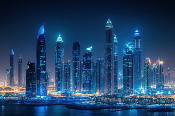 Obraz premium Stunning night view of a futuristic cityscape with illuminated skyscrapers reflecting vibrant blue lights against the dark sky.