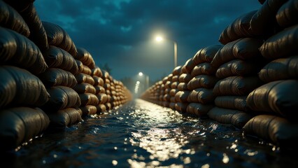 Obraz premium Sandbags, Hyper-realistic sandbags under artificial floodlights water lapping at edges front view urgent atmosphere