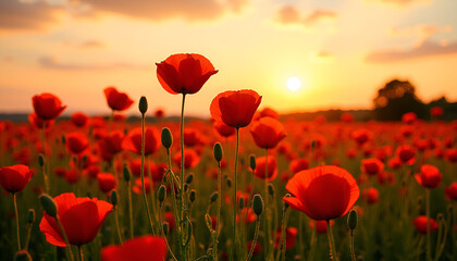 Fototapeta premium Poppy flowers blooming at sunset in a vibrant field, Blooming flowers, Pollen Forecasts