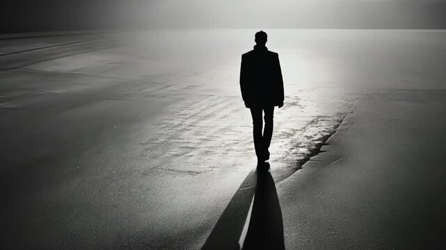 Man in Shadows walking through a desolate black and white world.. A silhouette of a man walks alone on a wet street, his long shadow cast in dim light.