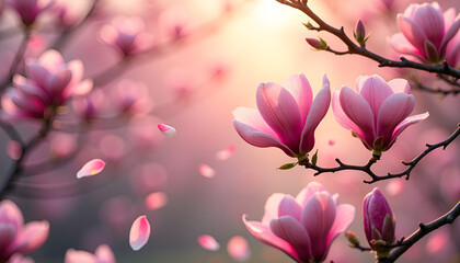 Obraz premium Magnolia blossoms in soft sunlight with falling petals, Blooming flowers, Pollen Forecasts