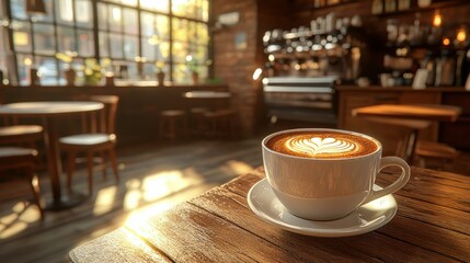 Fototapeta premium Sunny cafe latte, wooden table, interior, city view