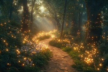 Naklejka premium Enchanted forest path illuminated by glowing fireflies and flowers.