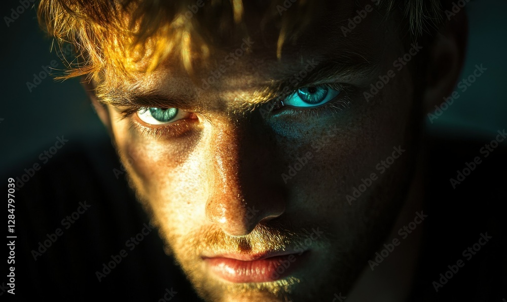 Poster intense portrait of a man with piercing blue eyes and dramatic shadows illuminated by soft glowing l