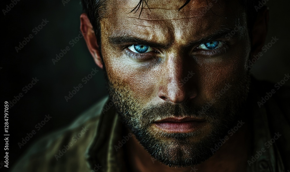 Poster intense portrait of a man with piercing blue eyes and a rugged expression, softly lit to capture dep
