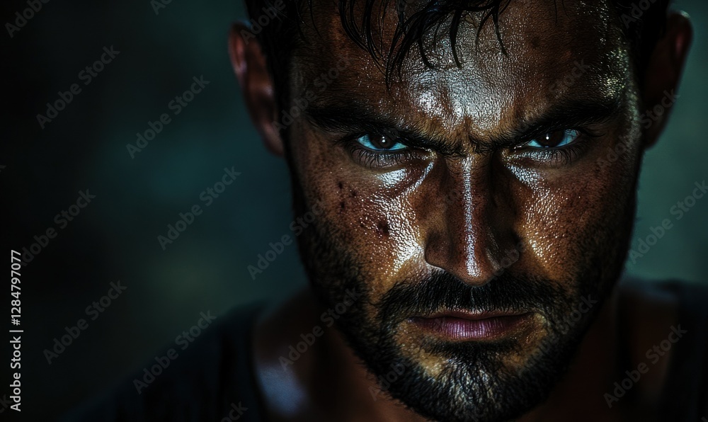 Poster intense portrait of a man with dark, piercing eyes and a rugged expression illuminated by soft natur