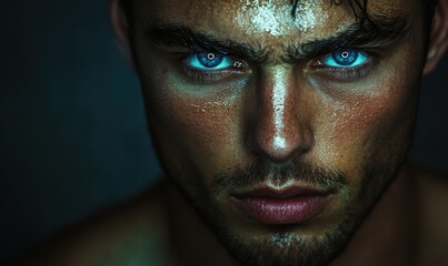 Obraz premium Intense portrait of a man with piercing blue eyes and a chiseled jawline, illuminated by soft directional light to highlight his striking features