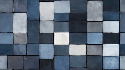  A close-up of a blue, gray, white, and black tile wall on a black background