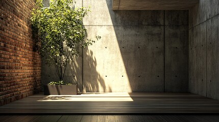 Sunlit Minimalist Interior with Concrete Walls and Wooden Floor, Featuring a Potted Plant