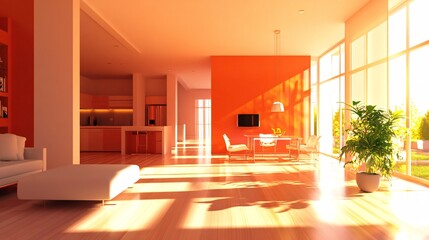 Fototapeta premium Sunlit Modern Apartment with Orange Wall and Open Plan Living Space