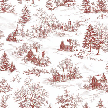 Winter landscape with house and trees, fabric, wallpaper, seamless pattern