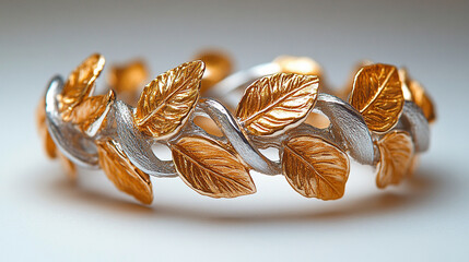 A symbolic silver and gold ring with intertwined vines and leaves, representing growth, connection, and unity. Elegant design on a white background, showcasing modern craftsmanship