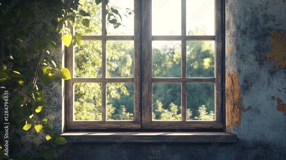 Poster sunlit rustic window with overgrown ivy and a forest view