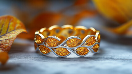 A symbolic silver and gold ring with intertwined vines and leaves, representing growth, connection, and unity. Elegant design on a white background, showcasing modern craftsmanship