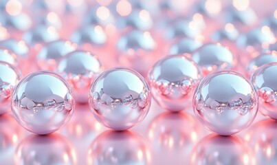 Creative composition of shiny pink and silver metallic spheres neatly arranged on a reflective pastel surface, bright soft light creating a futuristic design,