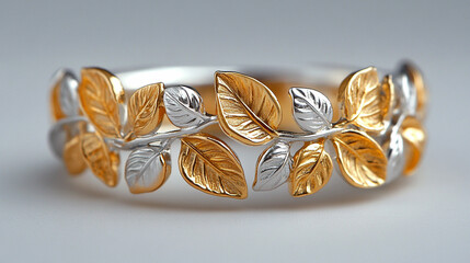 A symbolic silver and gold ring with intertwined vines and leaves, representing growth, connection, and unity. Elegant design on a white background, showcasing modern craftsmanship