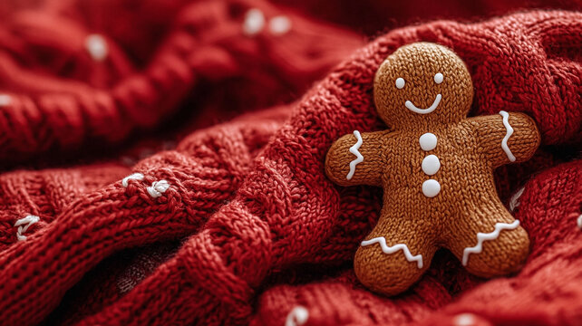 Knitted soft gingerbread man, plush festive texture, placed right, warm red cozy background