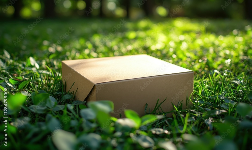 Poster kraft cardboard box placed on soft green grass illuminated by diffused natural light, creating a min