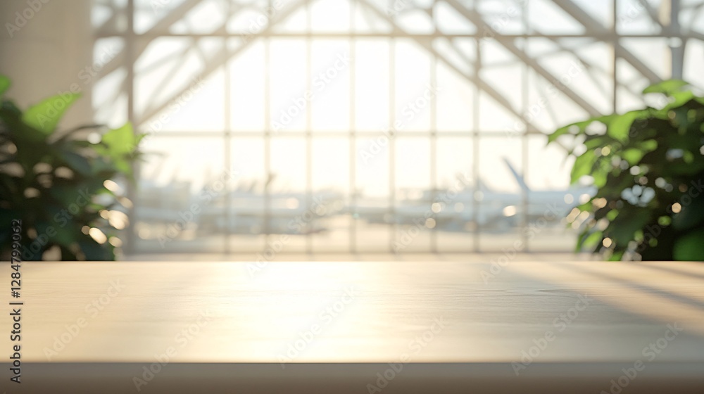 Poster sunrise illuminates a light wooden table in a modern airport hangar with planes visible through a la
