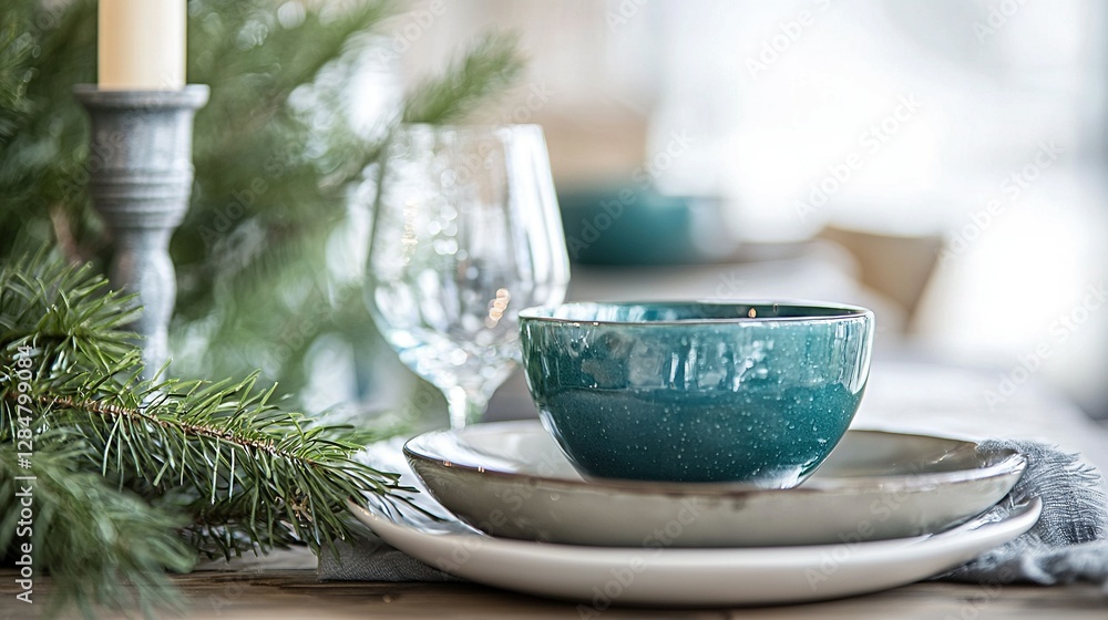 Poster a close-up of a plate with a cup and saucer on a table amidst a pine tree background