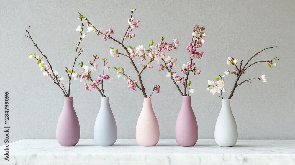 Poster three vases on a colorful table with various flower arrangements