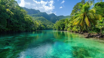 Tropical river paradise, lush greenery, clear water, kayaking
