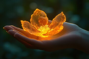 A glowing, translucent flower rests gently in a cupped hand, radiating warmth and ethereal beauty.