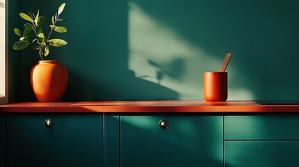   A pot sits on a wooden counter alongside a vase with a wooden spoon inside