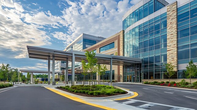 Exterior of a modern hospital building, designed with contemporary materials and architectural innovation.