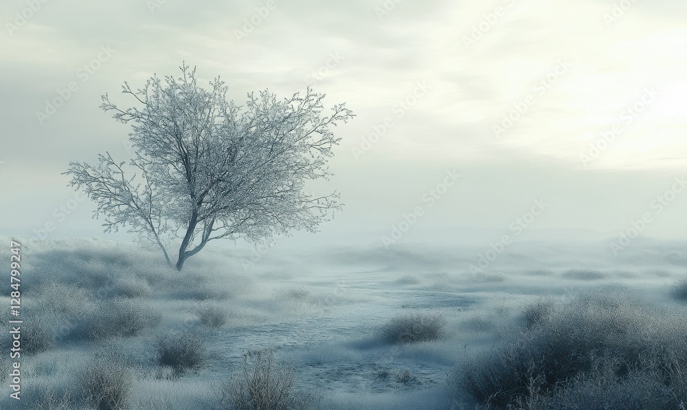 Poster leafless tree in a misty field under a soft gray sky, diffused light creating a peaceful and mysteri