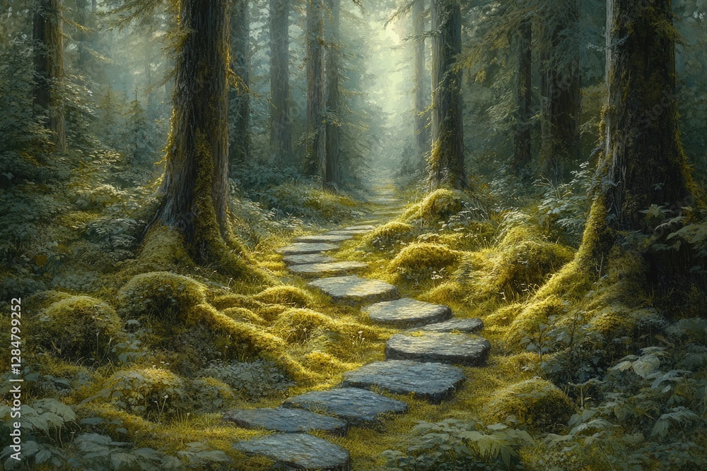 Poster sunlit stone path winds through a mystical, moss-covered forest, creating an enchanting scene.