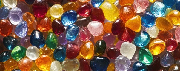 Vibrant multicolored glass pebbles with shiny textured surfaces