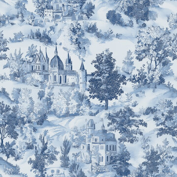 Old city tapestry blue fabric, wallpaper, seamless pattern