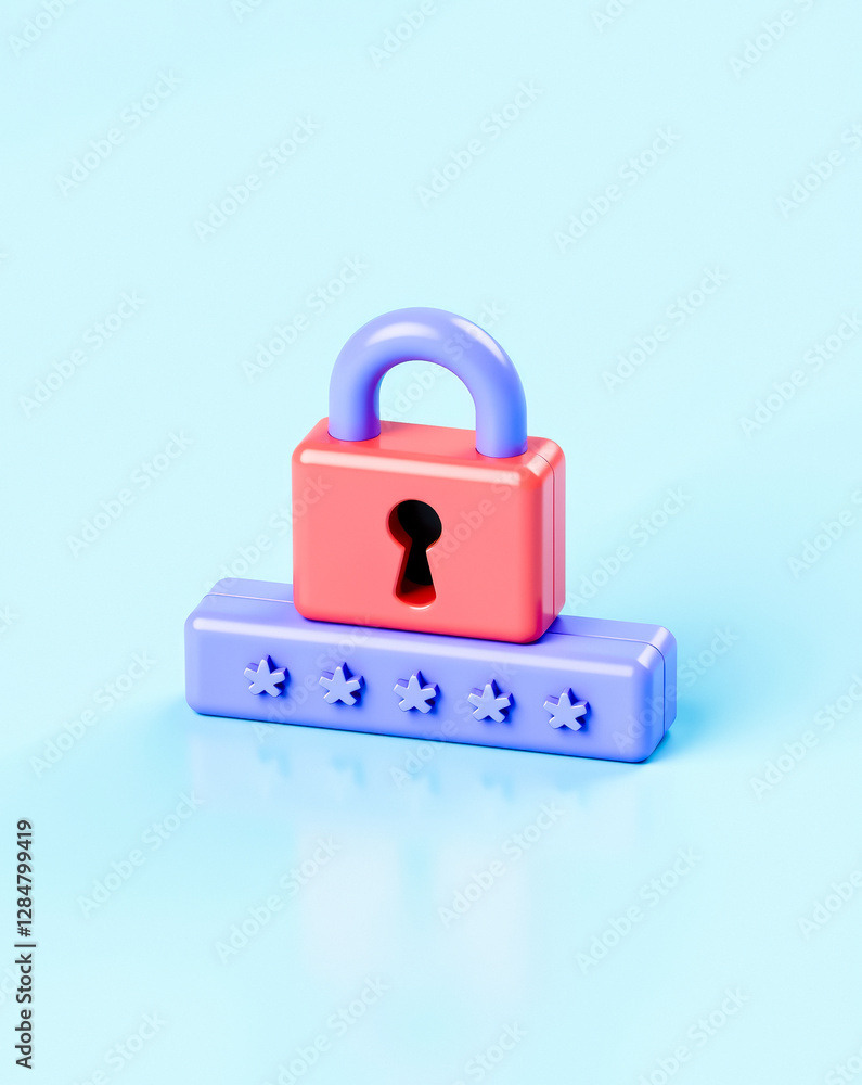 Poster pastel-colored 3d padlock and password bar represent digital security and data protection.