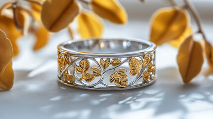 A symbolic silver and gold ring with intertwined vines and leaves, representing growth, connection, and unity. Elegant design on a white background, showcasing modern craftsmanship
