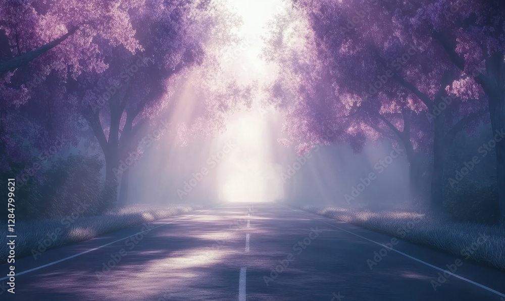 Poster long empty road surrounded by foggy forest trees, soft light creating a mysterious and serene journe