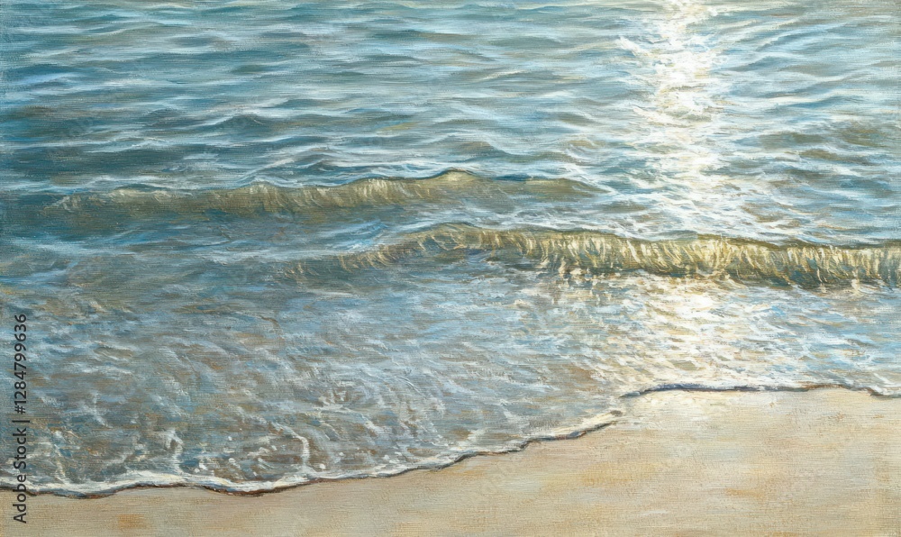 Poster gentle waves lapping at the shore under soft sunlight, creating intricate ripples and reflections in