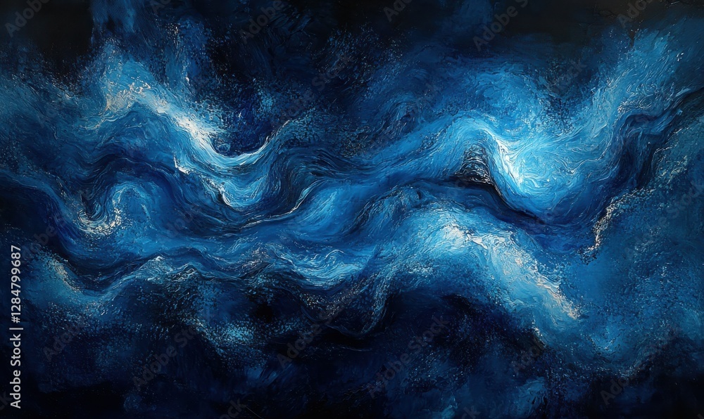 Poster deep blue ocean waves with rich textures and dynamic motion, softly illuminated to enhance their vib