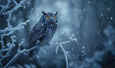 Lone owl perched on a frosted branch, its intense yellow eyes glowing against a snowy night backdrop, creating a captivating wildlife portrait