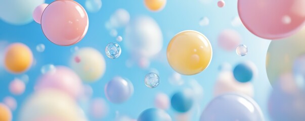 Colorful pastel bubbles floating in blue sky, bright and airy atmosphere