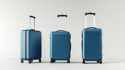 Three teal blue polycarbonate suitcases with retractable handles and wheels, arranged in a row against a light gray background, ready for travel and adventure.