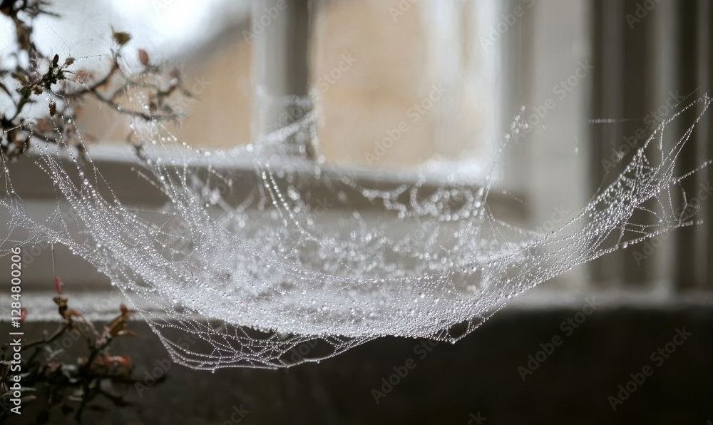 Poster delicate dew-covered spiderweb illuminated by soft morning light, its intricate details creating a s