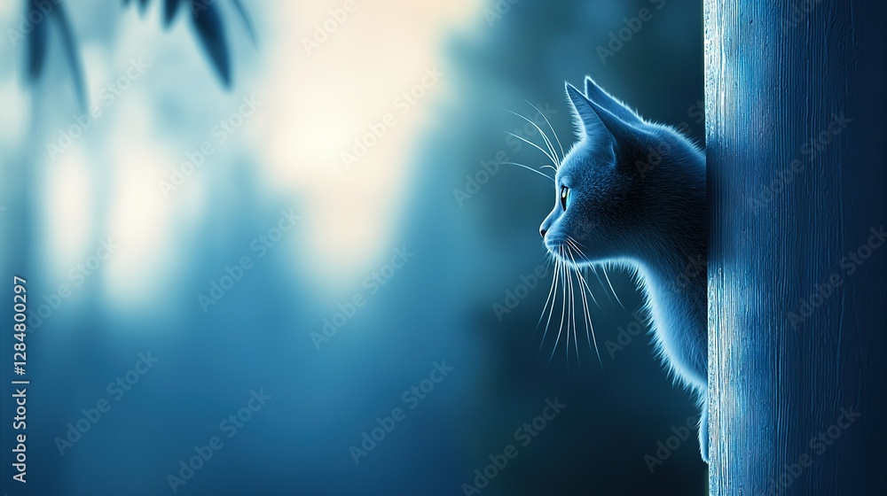 Poster a painting of a feline gazing out a window at a palm tree, set against a hazy blue-white backdrop