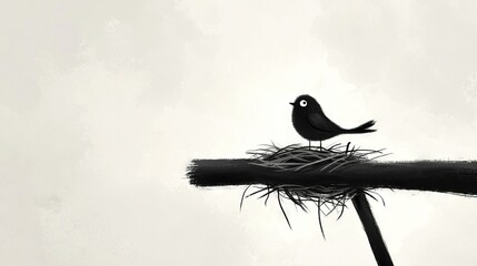   Black-and-white photo of a bird perched on a nest high in a tree, against a blue sky