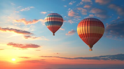 Obraz premium Two Colorful Hot Air Balloons Soaring at Sunset Over Scenic Landscape